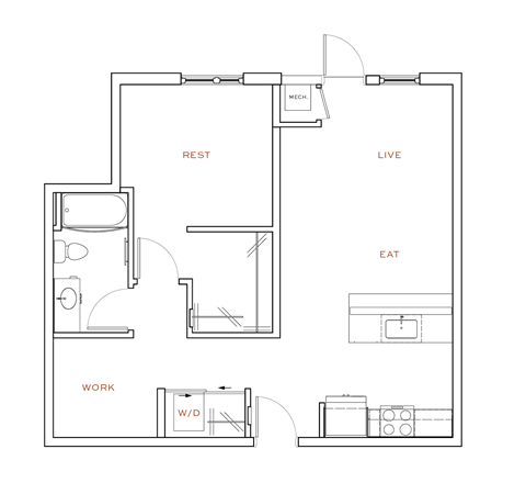 Floor plan for 1 bed, 1 bath, 766 sqft